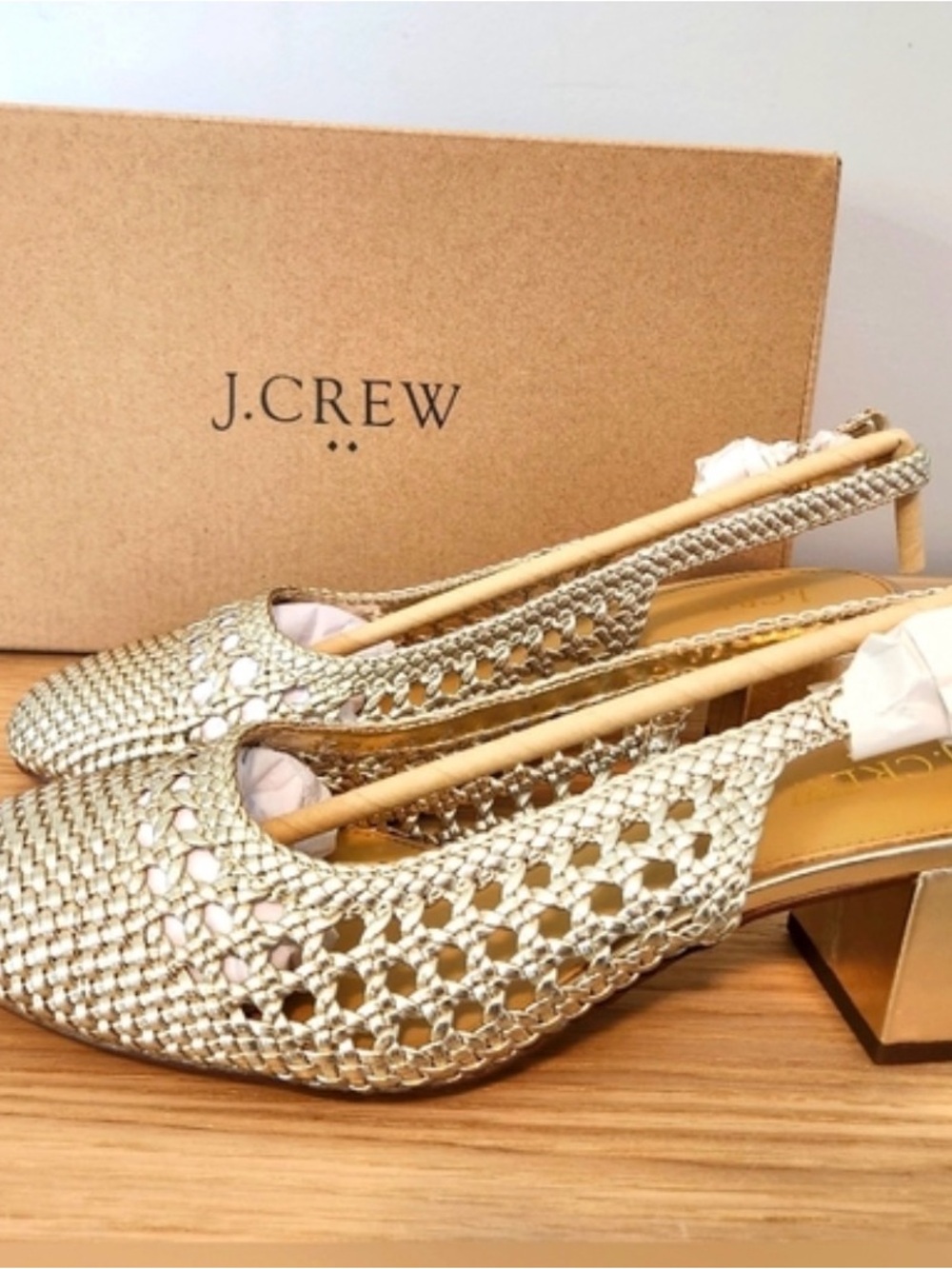 J. Crew Metallic Gold Woven Slingback Heels